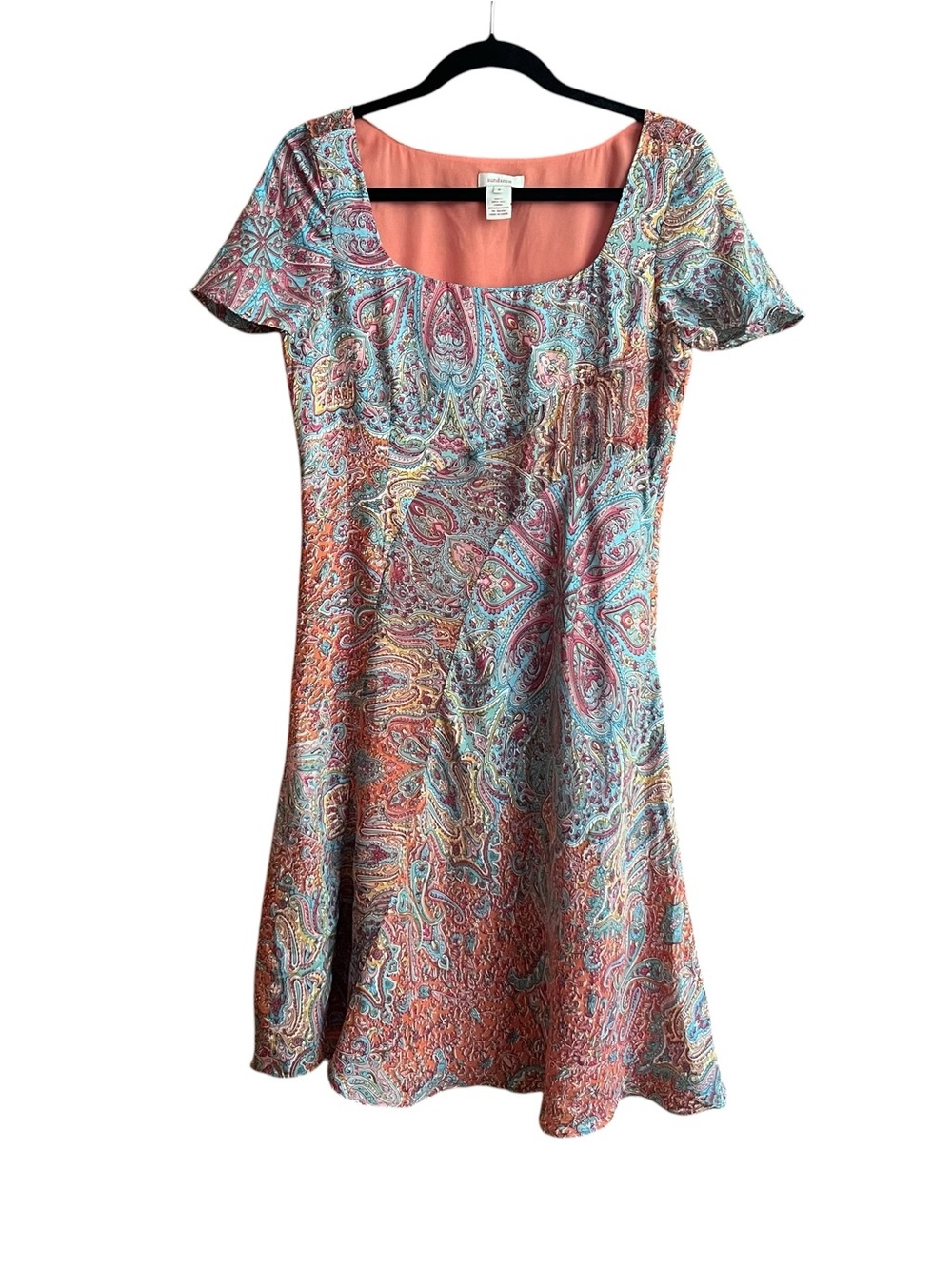 Sundance Silk Paisley Boho Short Sleeve Mini Dress Square Neckline